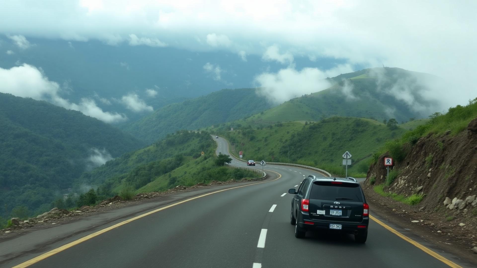 Mountain road descending from Medellín airport toward the city valley at dusk