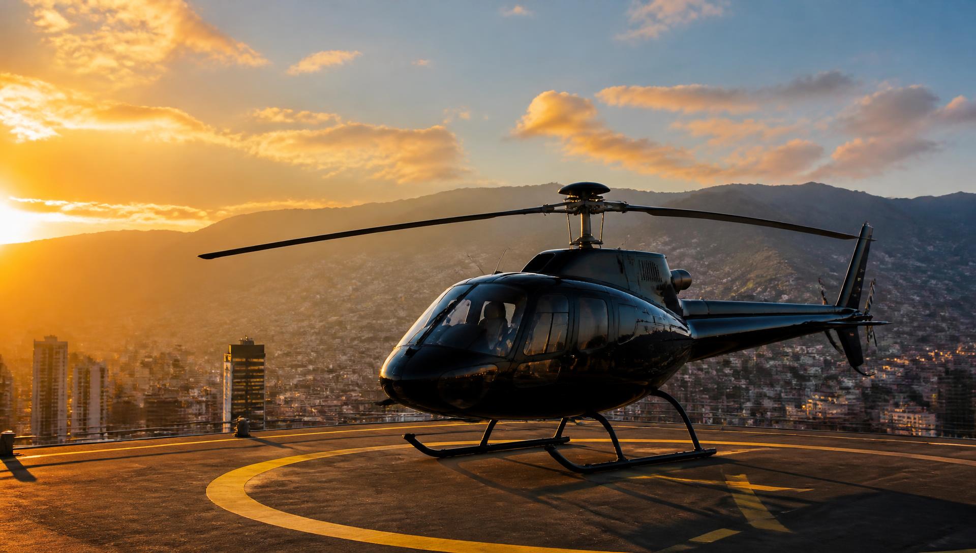 Black helicopter on a private helipad above Medellín at golden hour