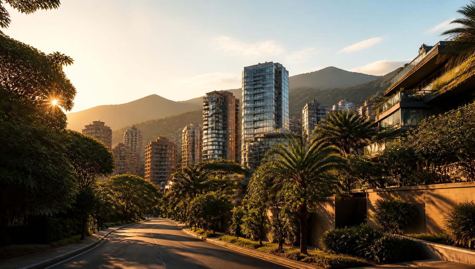 Tree lined street in El Poblado, Medellín, at golden hour