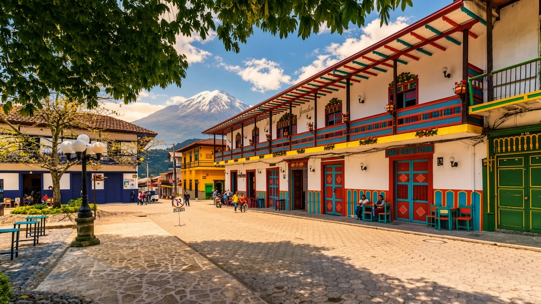 Balcones coloniales de colores y plaza de Jardín, Antioquia, con una montaña nevada al fondo
