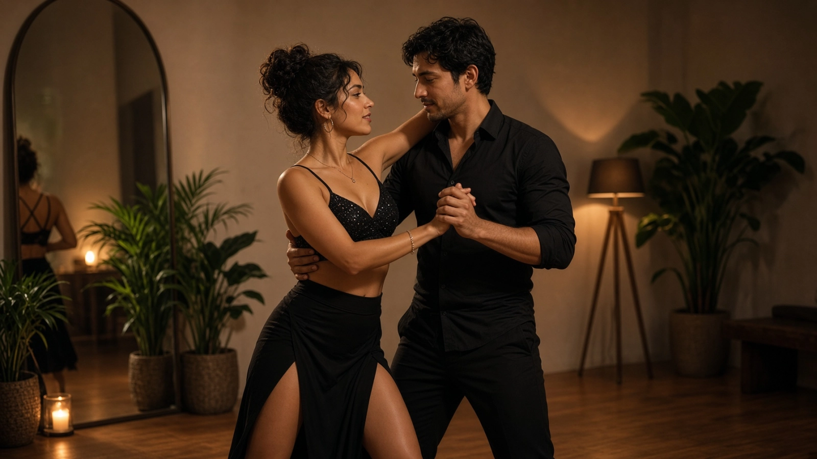 Couple dancing salsa in a private Medellín studio with warm candlelight