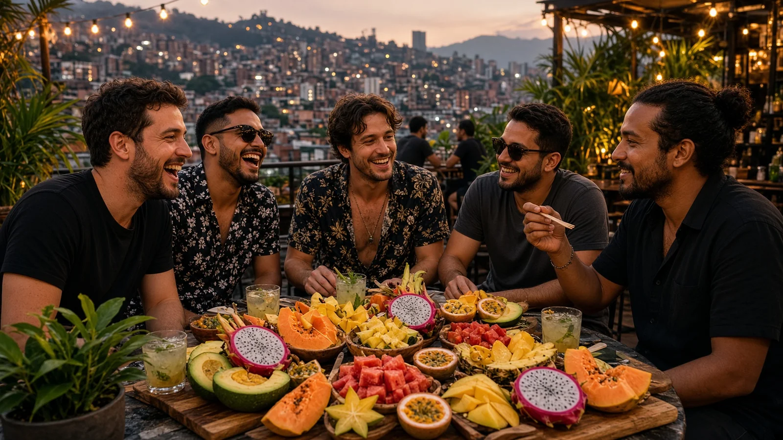 Group of friends enjoying tropical fruits and drinks at a Medellín bachelor party overlooking the city lights