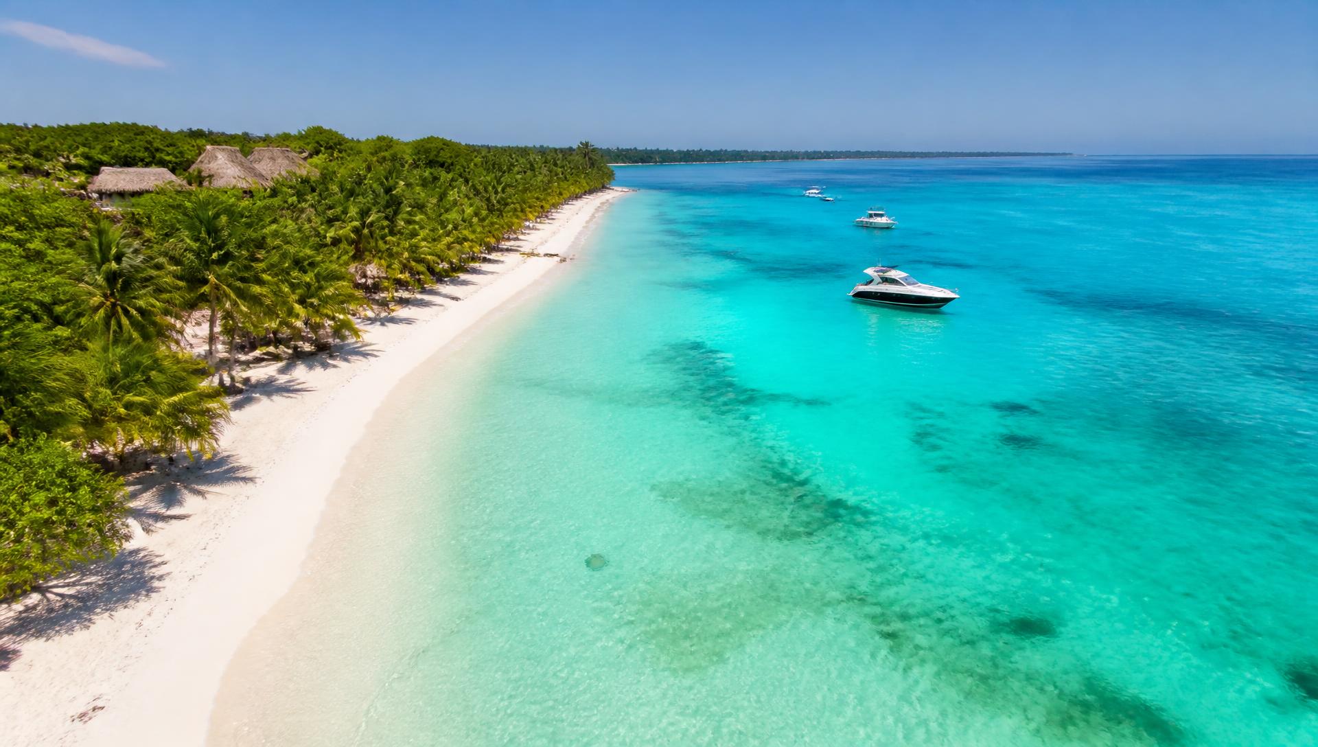 Aerial view of a white sand beach and turquoise water near Barú, Colombia