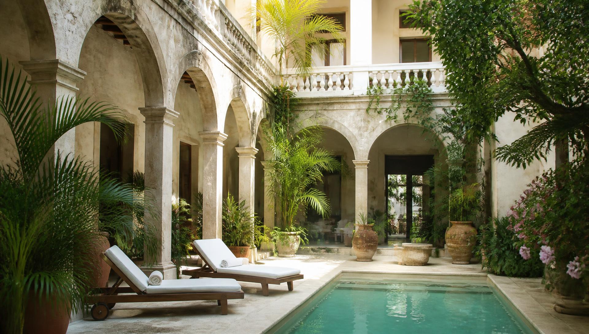 Colonial courtyard with a plunge pool at a boutique hotel in Cartagena