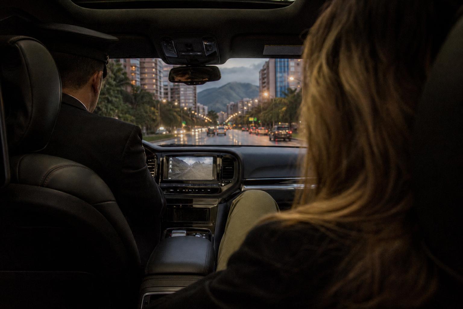 View from the back seat of a chauffeured executive SUV on a Medellín avenue at dusk