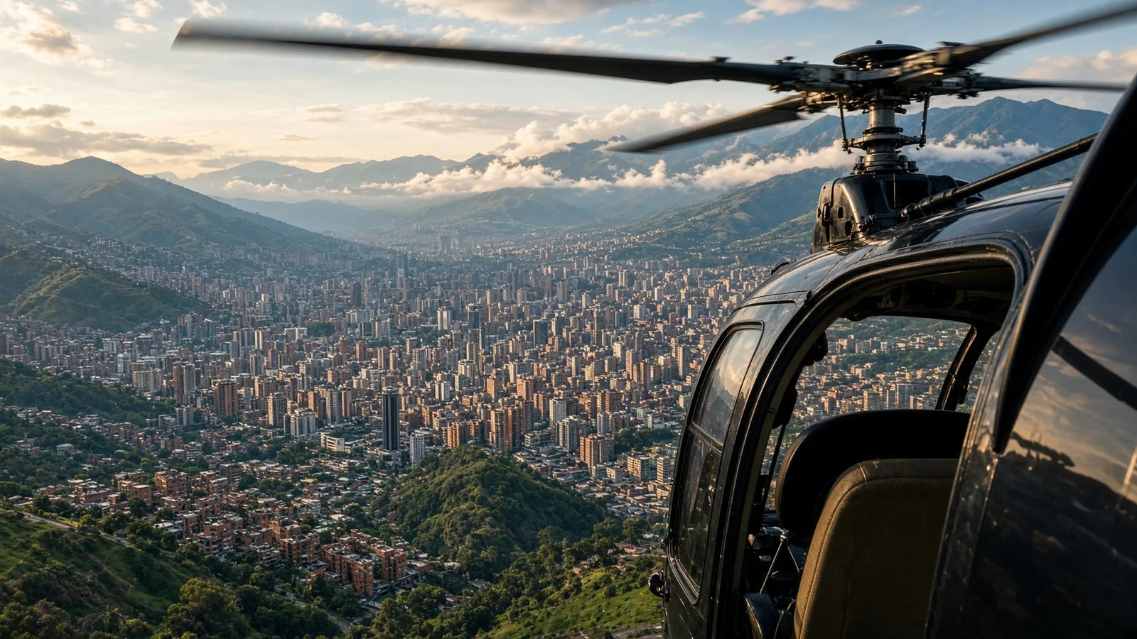 Vista desde la cabina de un helicóptero privado sobre el skyline de Medellín y las montañas de Antioquia al atardecer