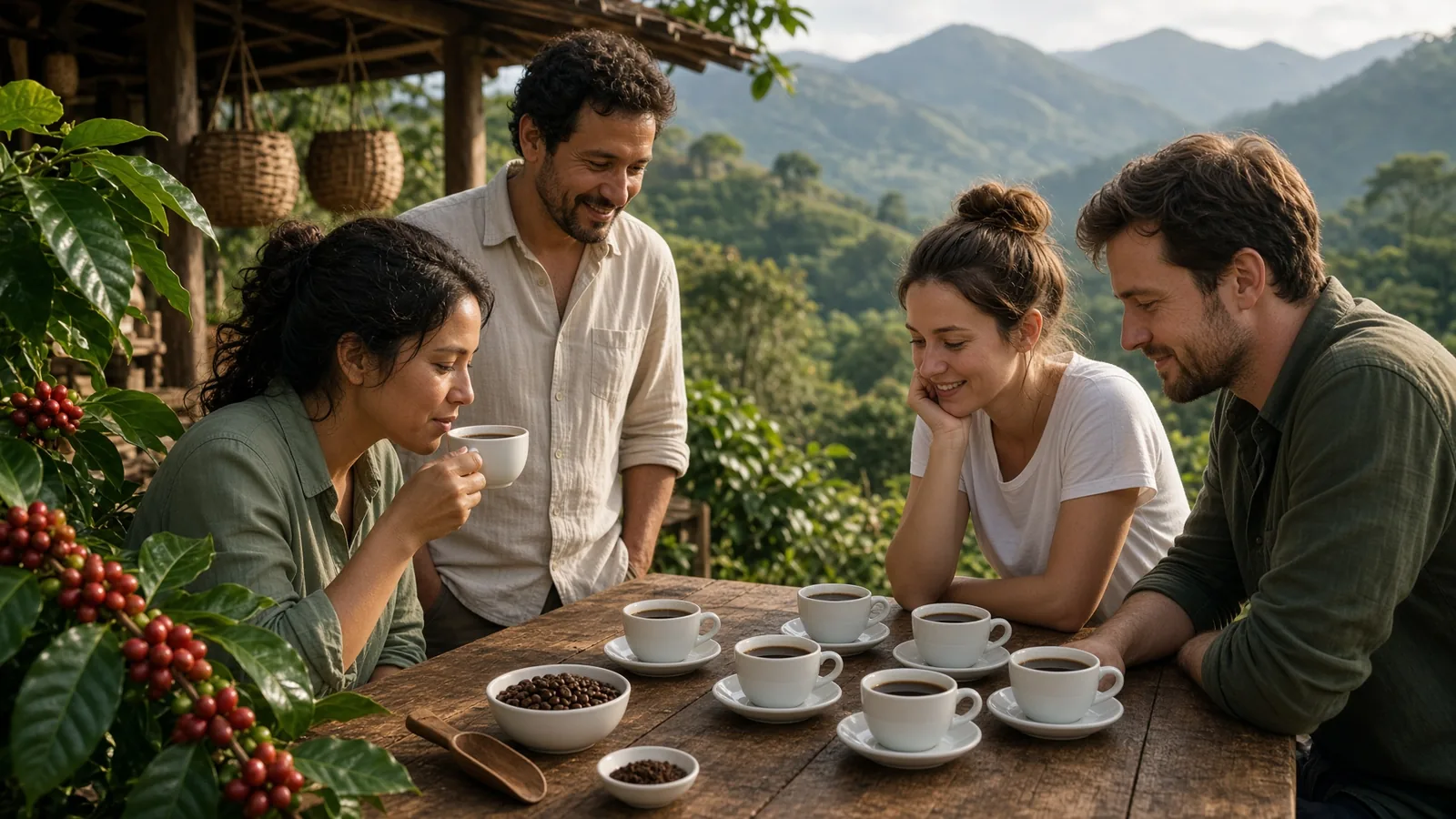 Grupo cateando café en una finca cafetera cerca de Medellín con vistas a montañas verdes