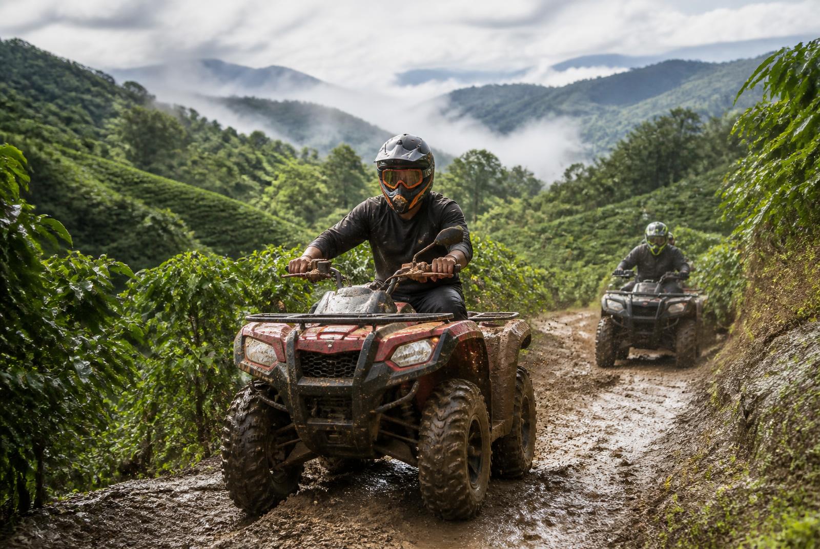 Dos personas en cuatrimotos sobre una trocha embarrada en las montañas cerca de Medellín