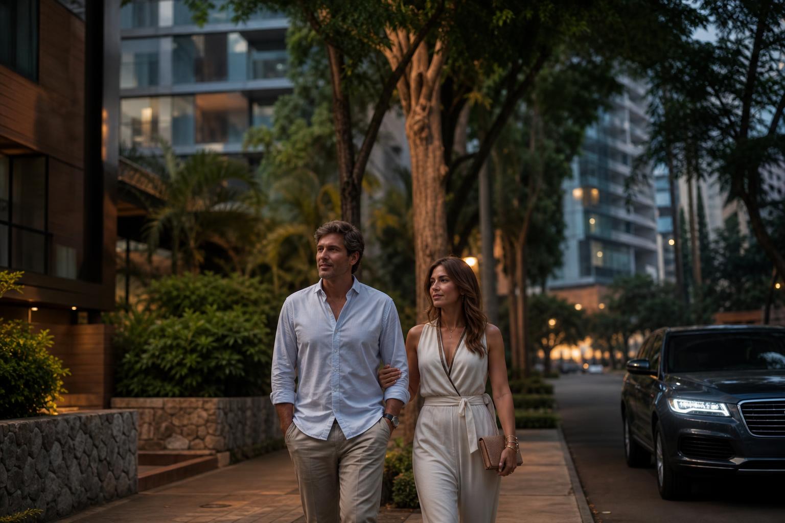 Well dressed couple walking a tree lined El Poblado street in Medellín at dusk with a car waiting at the curb