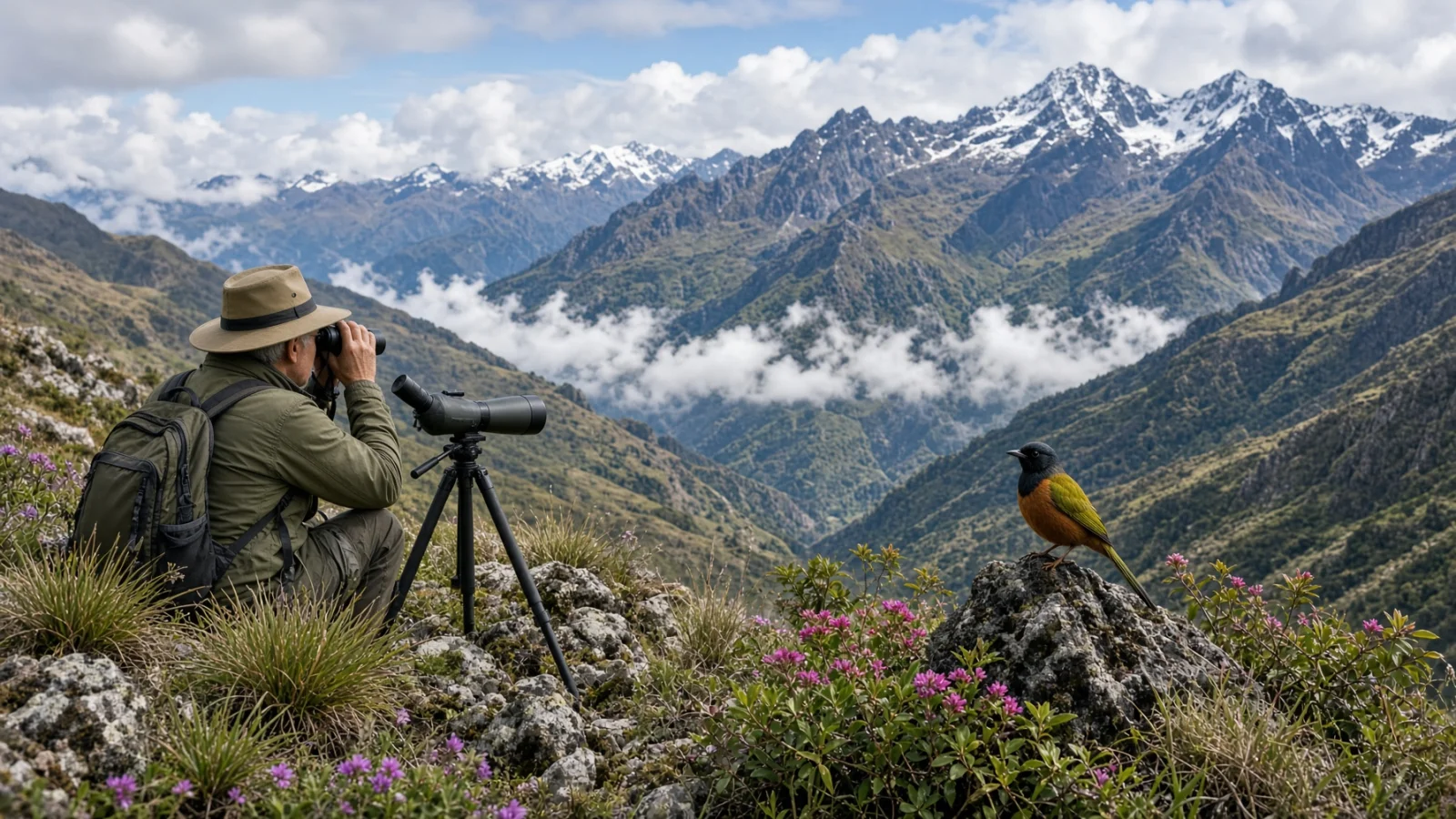 Observador de aves admirando un colorido ave andino en las montañas cerca de Medellín