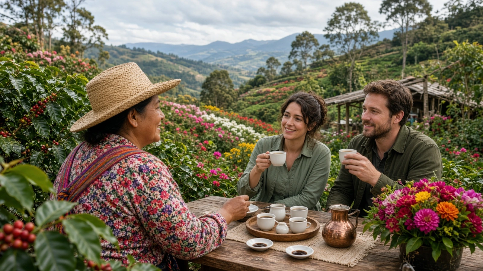 Visitantes compartiendo café con una familia silletera entre campos de flores en Santa Elena