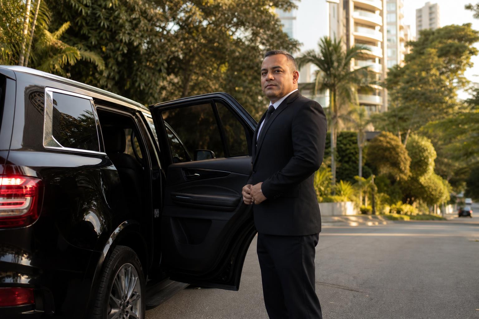 Bilingual chauffeur in a dark suit holding open the door of a black SUV on a leafy El Poblado street in Medellín