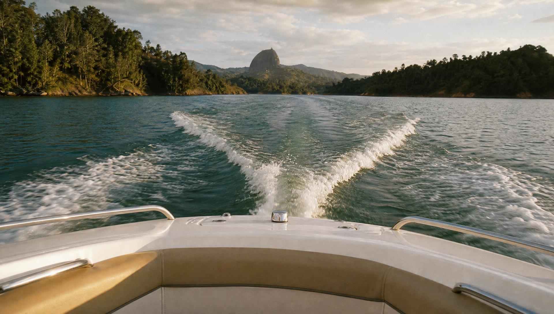 Private boat crossing the emerald Guatapé reservoir with the monolith on the horizon