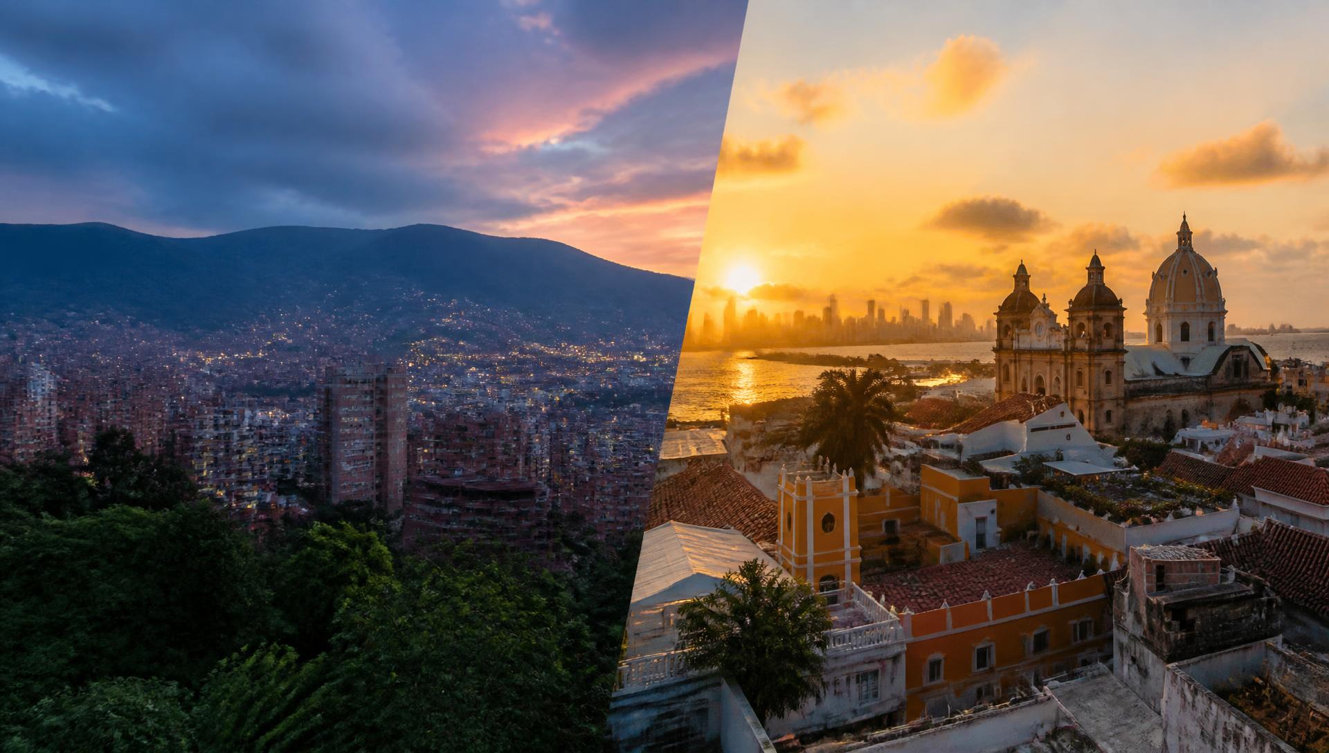 Split image of Medellín mountains at dusk and colonial Cartagena at sunset