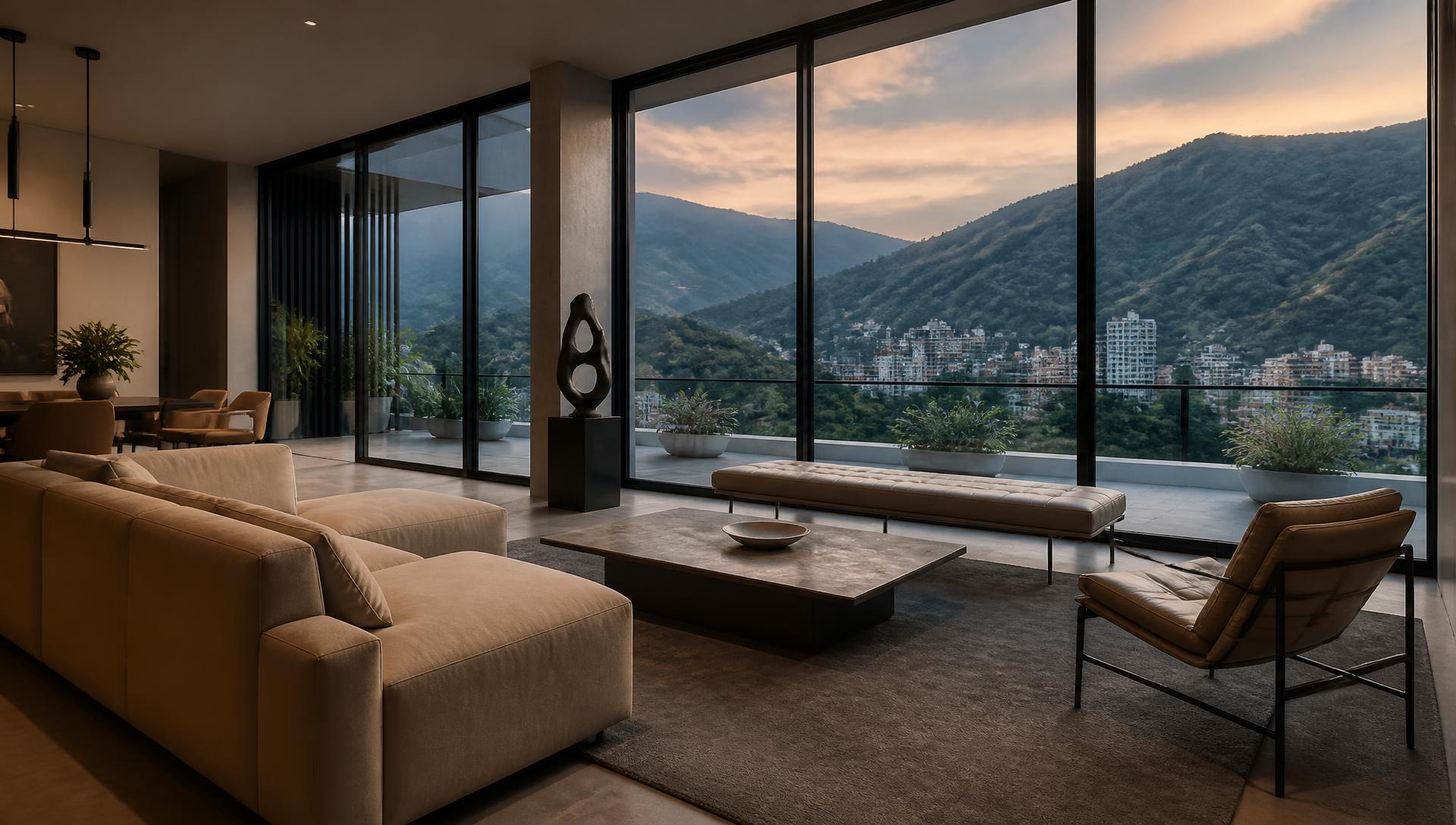 Modern penthouse living room in Medellín with mountain views at dusk
