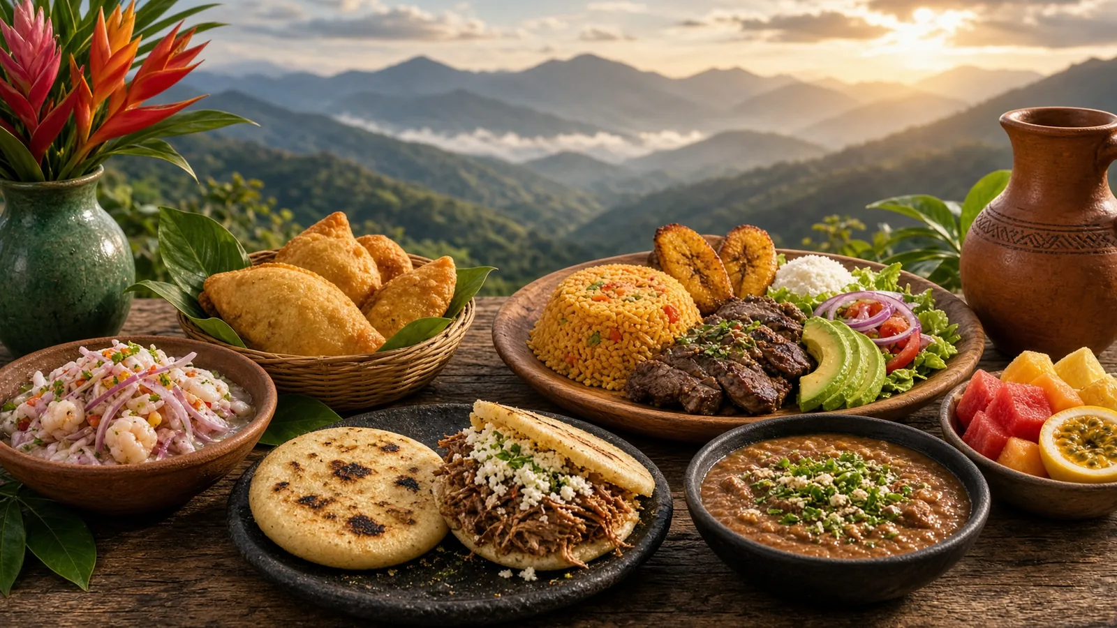 Traditional Colombian dishes and exotic fruits on a wooden table with mountain views near Medellín