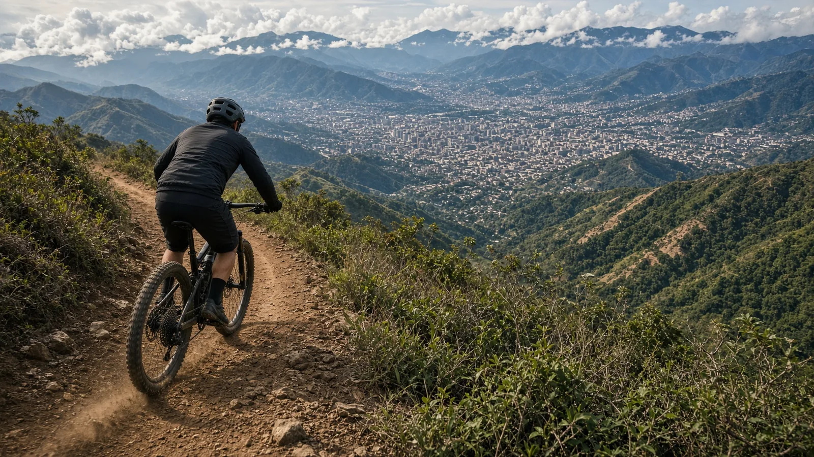 Ciclista de montaña en un sendero de cresta con vista al valle de Medellín y montañas circundantes
