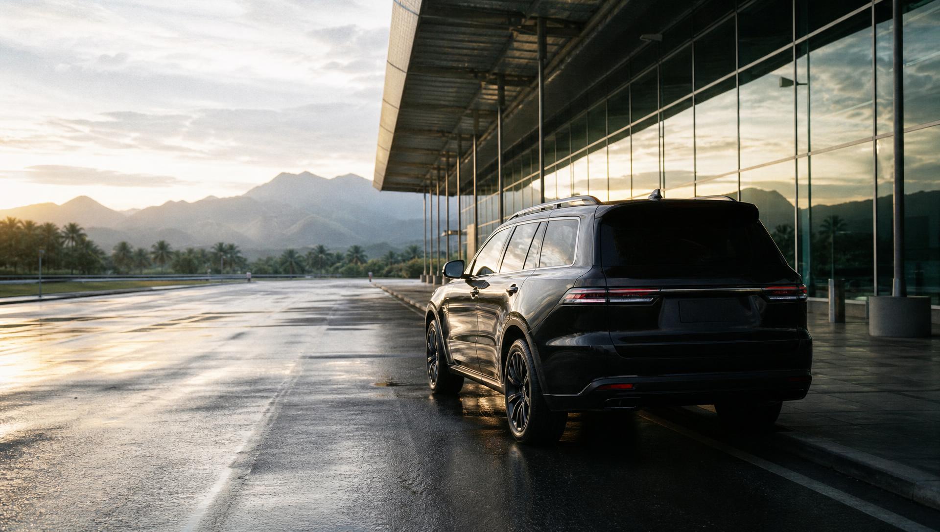 Chauffeur holding the door of a black SUV outside an airport terminal at dusk