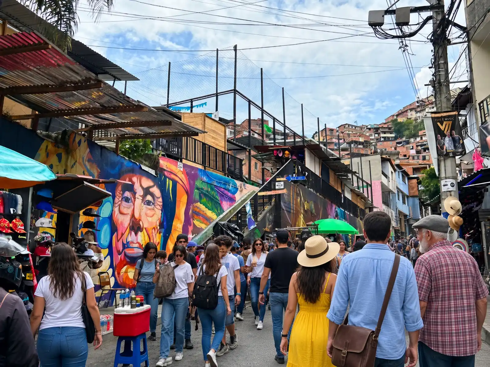 Visitantes caminando entre murales coloridos y puestos callejeros en la Comuna 13 de Medellín