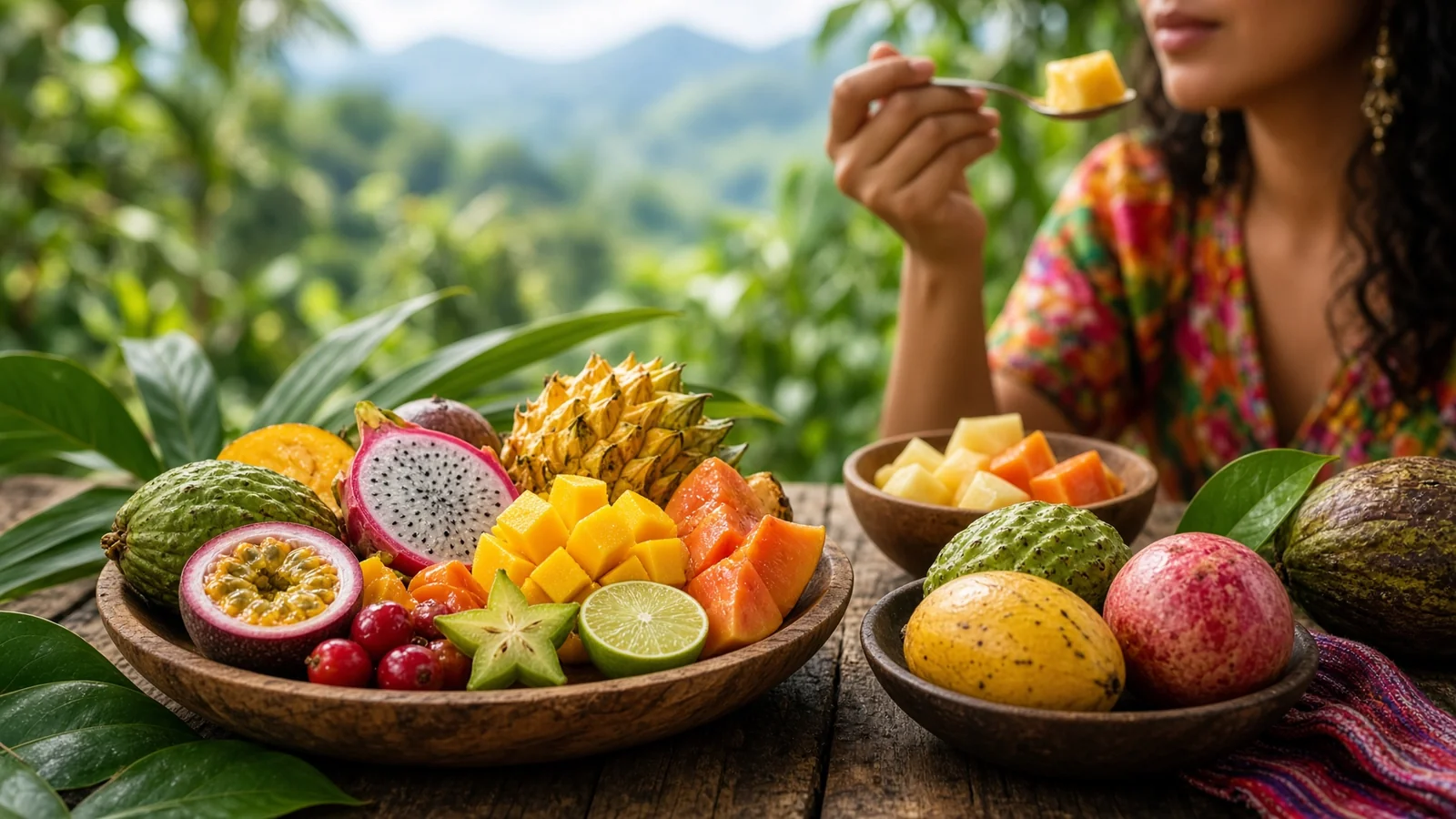 Frutas tropicales exóticas de Colombia dispuestas sobre una mesa rústica para degustar