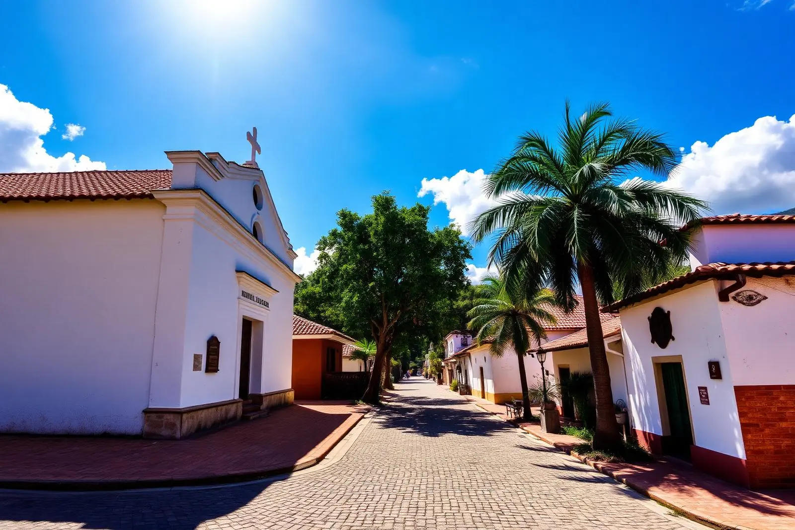 Iglesia colonial blanca y calle empedrada en Santa Fe de Antioquia