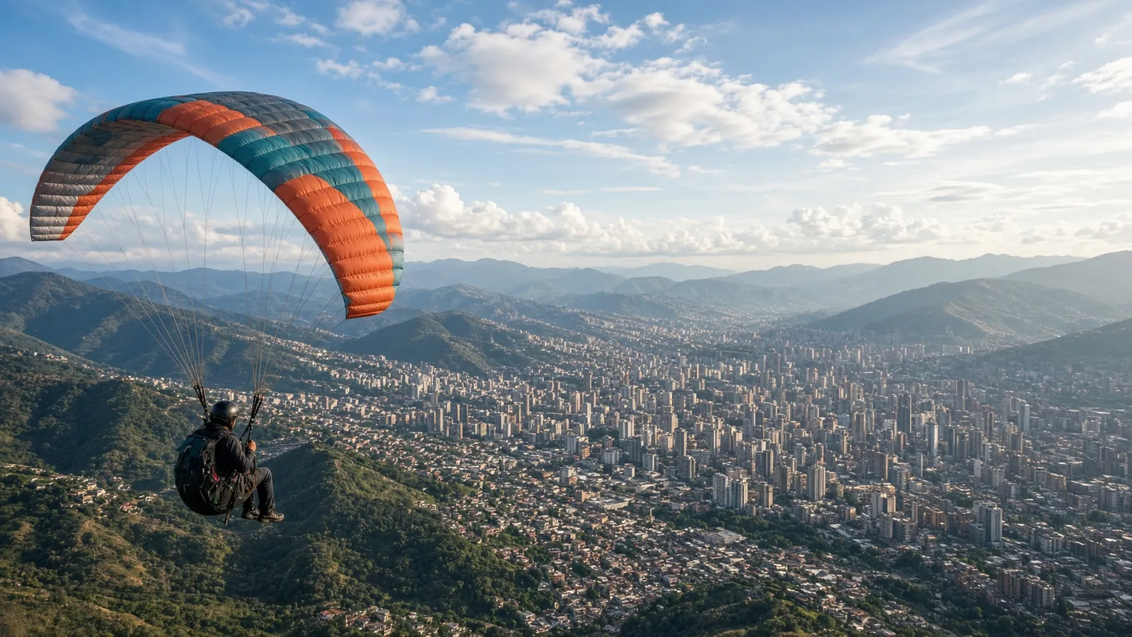 Parapente tándem volando sobre la ciudad de Medellín con el valle y las montañas abajo